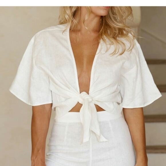 Monday Beachwear Tops - Monday Beachwear Hamptons In White Linen Coastal Preppy Top Size Small